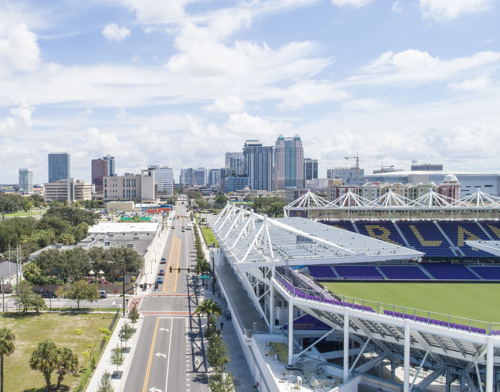 aerial of roadway and stadium