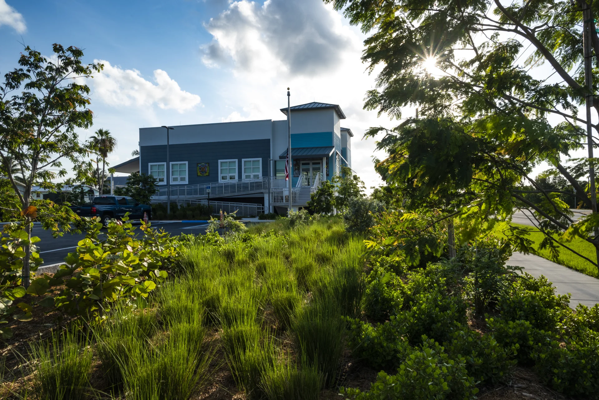 building exterior side entrance and landscaping