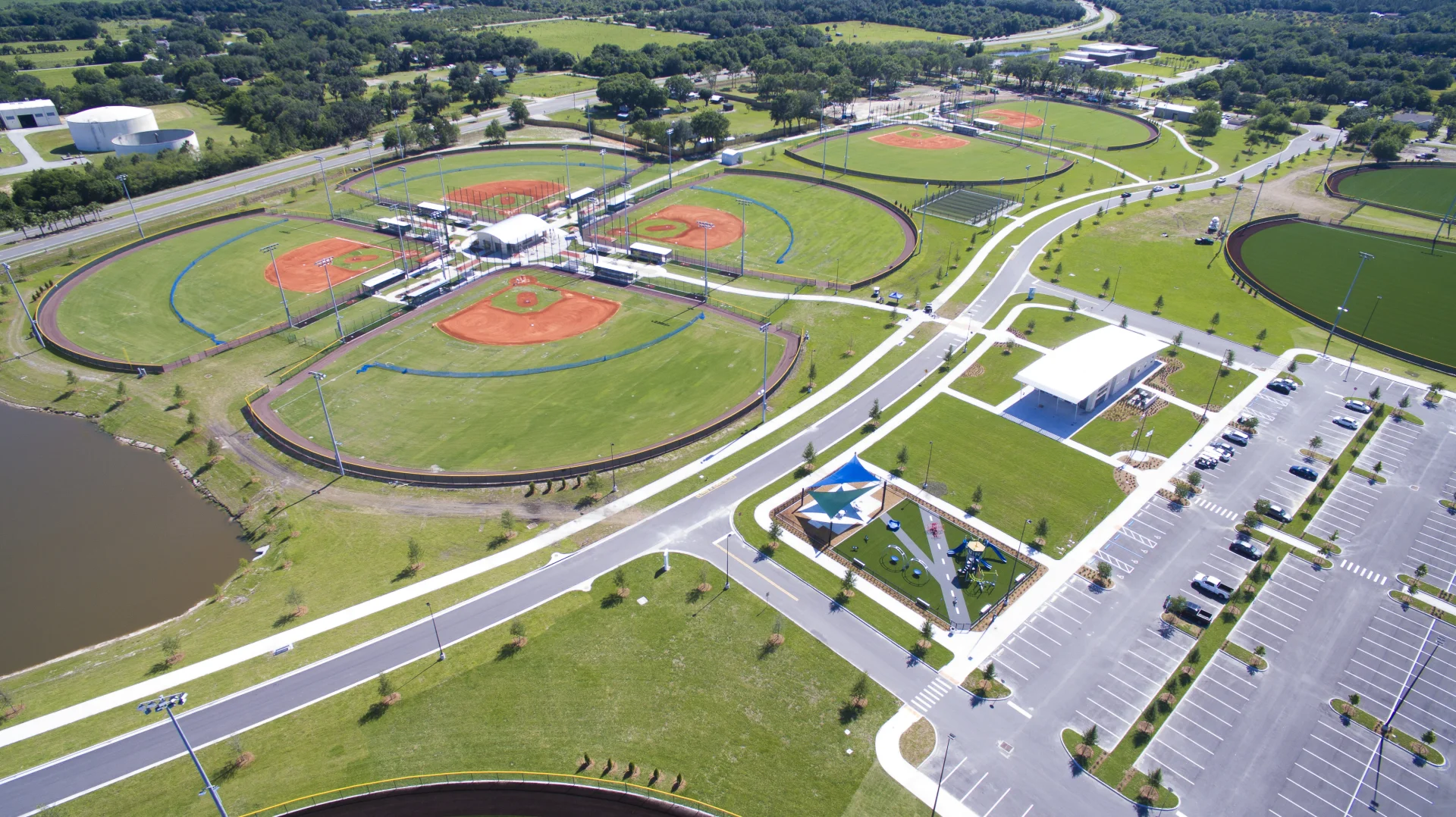 aerial view of baseball diamonds