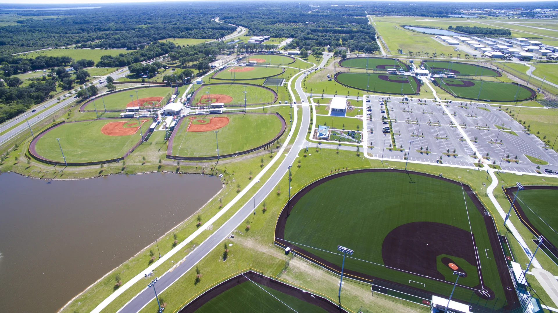aerial view of baseball diamonds